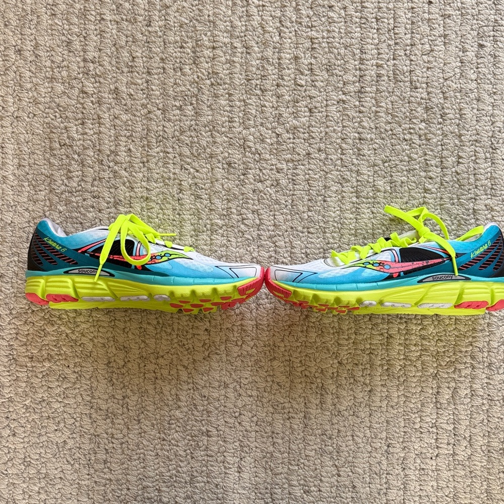 Saucony women’s Kinvara 6 running shoes - White, Blue, and Neon Yellow - Picture 2 of 6